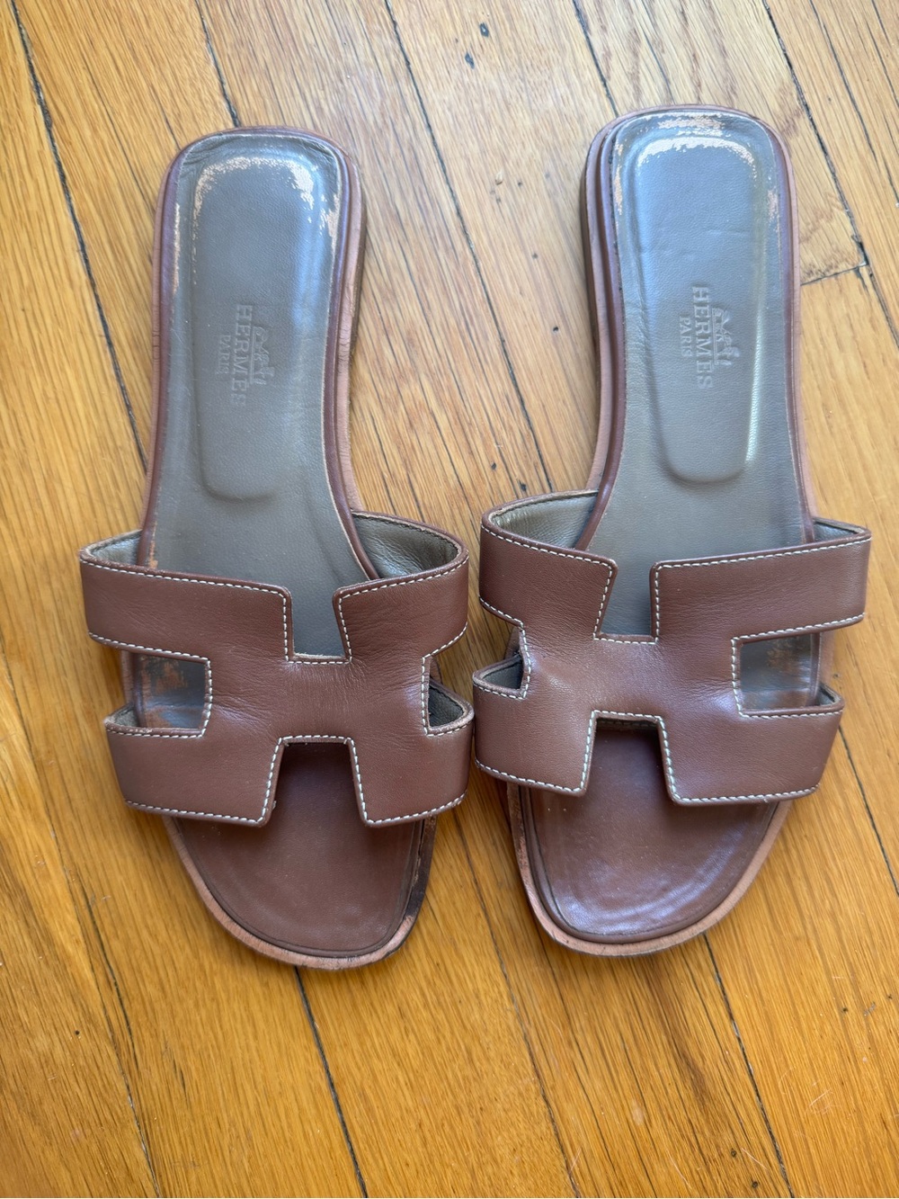 Hermes Oran Brown Leather H-Slide Sandals